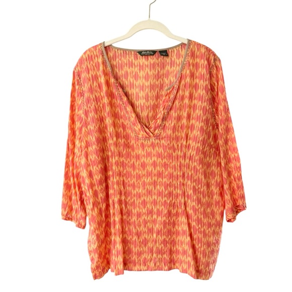 Eddie Bauer Women’s Peasant Cotton Print Top Size XL Orange Yellow Boho Casual - Picture 1 of 14